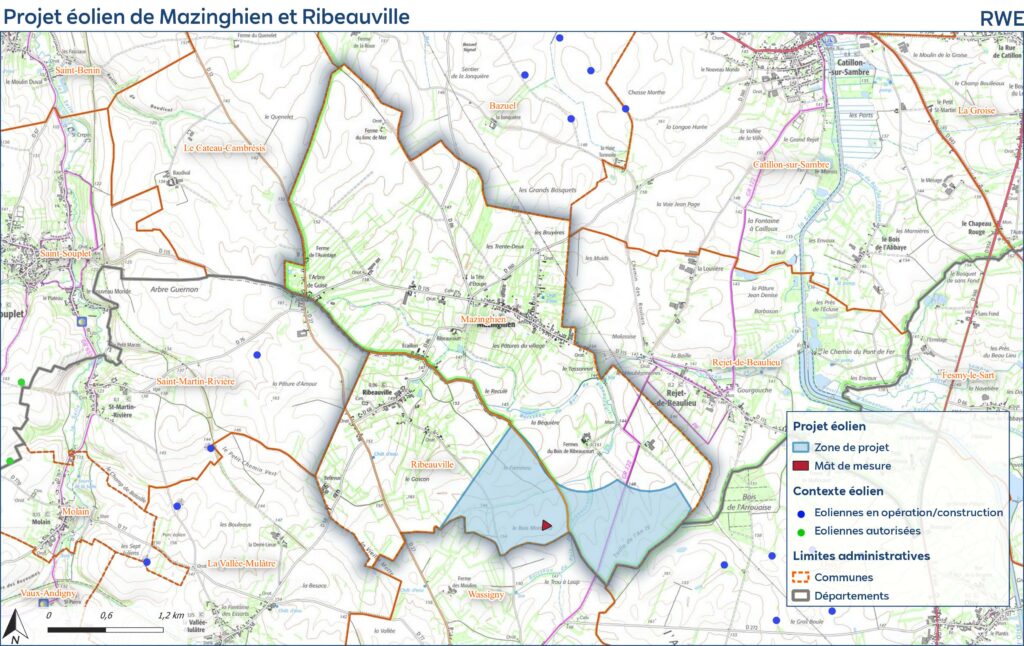 Carte de la zone d'implantation potentielle du projet éolien de Mazinghien et Ribeauville